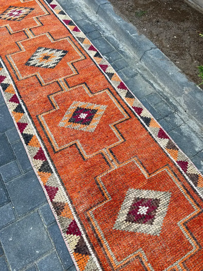 Vintage Rug, Runner 2.6x9.6 ft Rug, Herki Orange Check Rug - 1