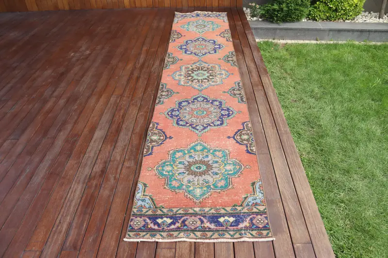 2.4x12.7 ft Turkish Vintage Rug, Runner Rug, Oushak Red Wool Rug - 1