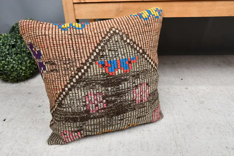Ottoman Cushion, Indoor Cushion, Boho Pillow Sham Cover, 18x18 Brown Pillow Sham, Pillow, Throw Kilim Pillow, Turkish Pillow - 7