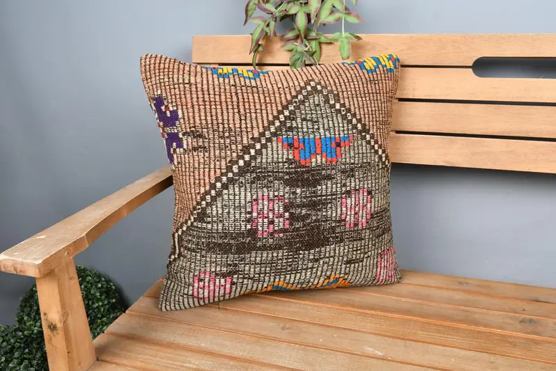 Ottoman Cushion, Indoor Cushion, Boho Pillow Sham Cover, 18x18 Brown Pillow Sham, Pillow, Throw Kilim Pillow, Turkish Pillow - 1