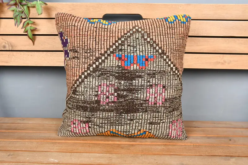 Ottoman Cushion, Indoor Cushion, Boho Pillow Sham Cover, 18x18 Brown Pillow Sham, Pillow, Throw Kilim Pillow, Turkish Pillow - 6