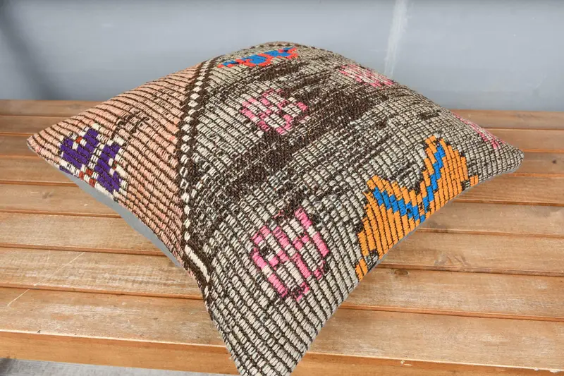 Ottoman Cushion, Indoor Cushion, Boho Pillow Sham Cover, 18x18 Brown Pillow Sham, Pillow, Throw Kilim Pillow, Turkish Pillow - 2