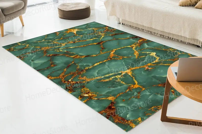 グリーンマーブルプリントラグ：モダンな空間のための豪華な抽象デザイン