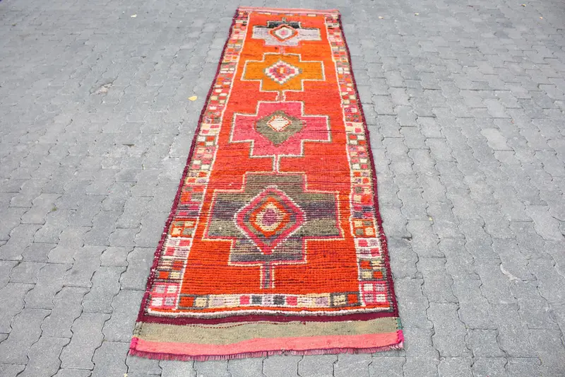 Vintage Runner Rug 2.8x10.5 ft, Red Plants & trees Turkish Wool Rug - 1
