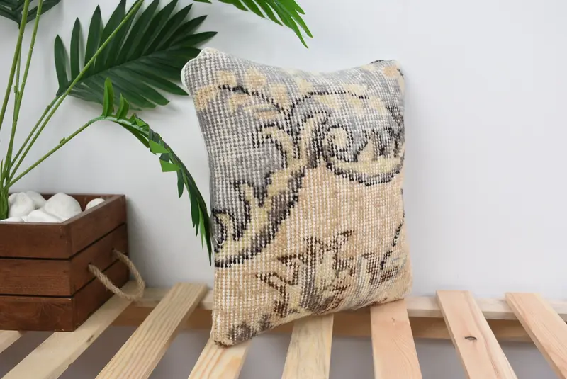 Vintage Kilim Throw Pillow, Cushion Case, Boho Pillow Sham Cover, Kilim Pillow Cover, Pastel Cushion Case, 12x12 Beige Pillow Sham - 4