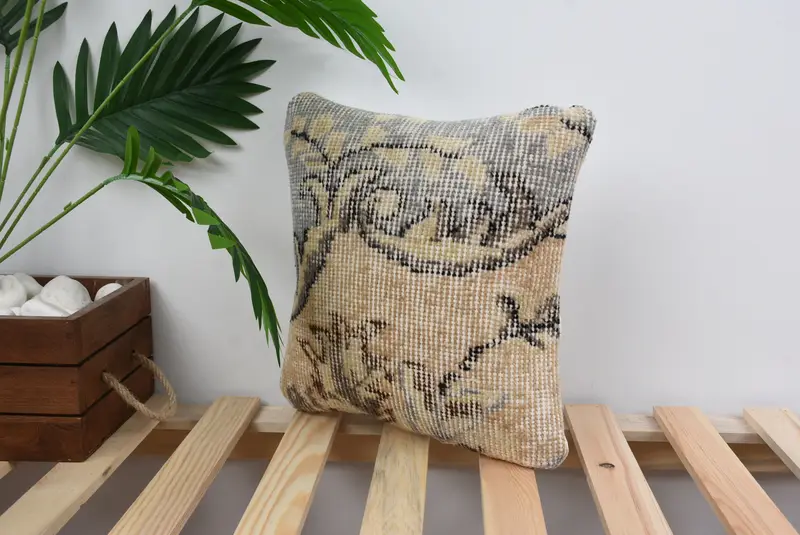 Vintage Kilim Throw Pillow, Cushion Case, Boho Pillow Sham Cover, Kilim Pillow Cover, Pastel Cushion Case, 12x12 Beige Pillow Sham - 5