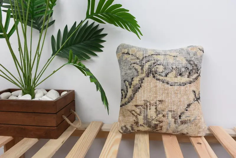 Vintage Kilim Throw Pillow, Cushion Case, Boho Pillow Sham Cover, Kilim Pillow Cover, Pastel Cushion Case, 12x12 Beige Pillow Sham - 1