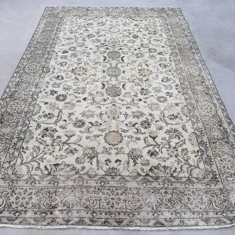 Zarif Bej ve Kahverengi Halı, 6,9x10,5 ft Botanik Tasarım