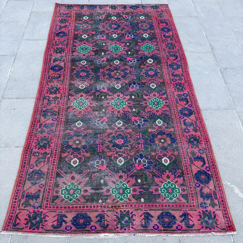 4.2x7.8 ft Turkish Oushak Rug, Red Floral Vintage Wool Rug - 1