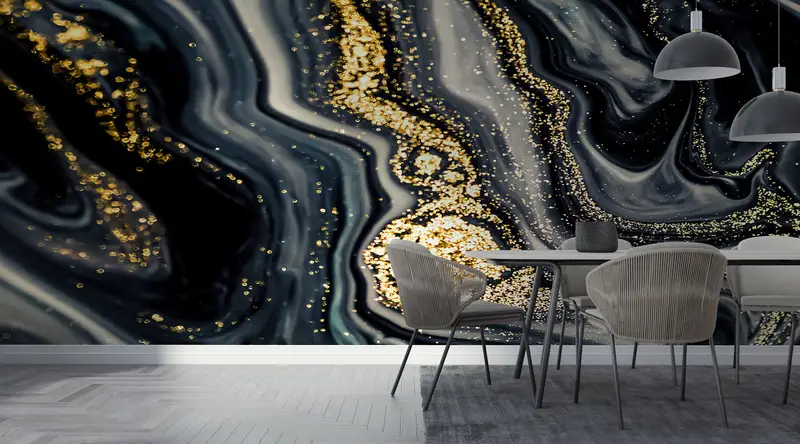 Black And Gold Marble, Shimmery Mural, Custom Wall Paper, Bright Wall Paper, Modern Wall Paper, Abstract Wallpaper, - 1