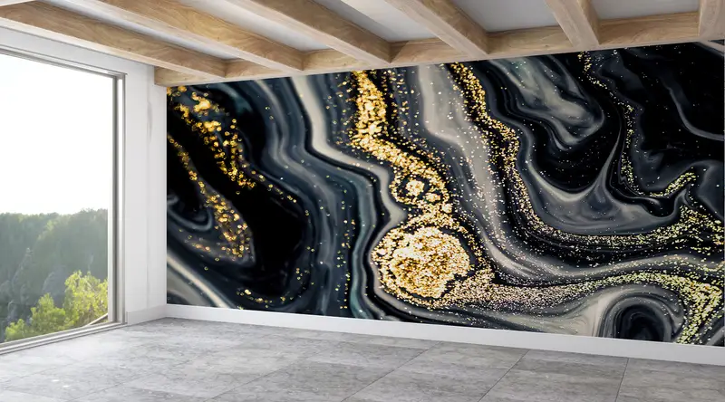 Black And Gold Marble, Shimmery Mural, Custom Wall Paper, Bright Wall Paper, Modern Wall Paper, Abstract Wallpaper, - 9