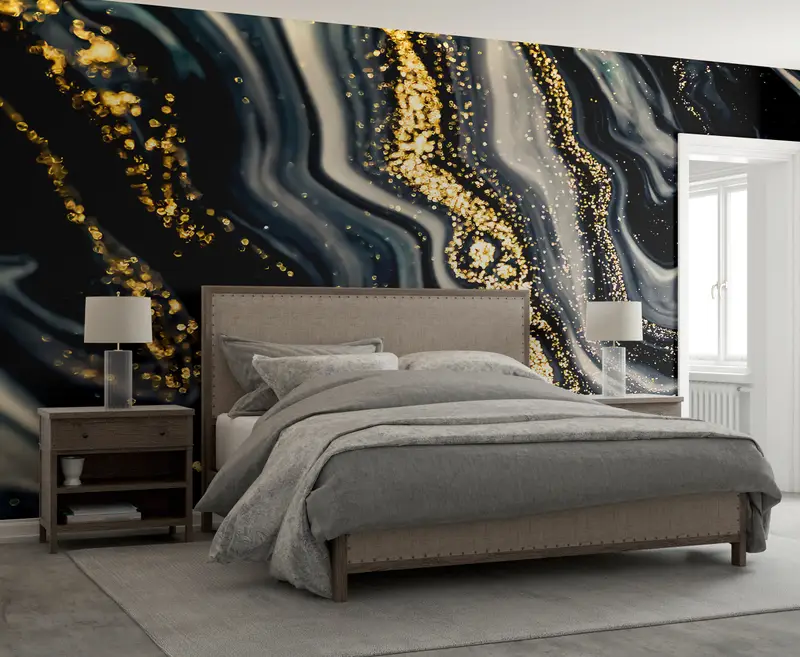 Black And Gold Marble, Shimmery Mural, Custom Wall Paper, Bright Wall Paper, Modern Wall Paper, Abstract Wallpaper, - 4