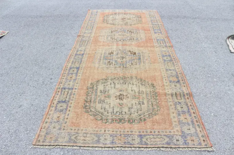 Vintage Large Rug 4.7x10.9 ft, Orange Patchwork Turkish Wool Rug - 1