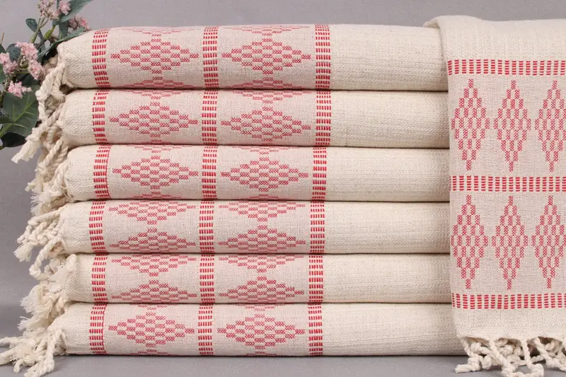 Dish Towel Personalized Handwoven Red Kilim Design, Beige, Linen, 20x40 Inches