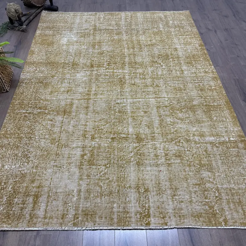 Turkish 6.4x9.2 ft Rug, Oushak Vintage Rug, Brown Solid Rug Wool - 1