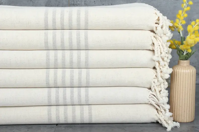Striped Linen Towel Brown Beige, Country Farmhouse Style, 36x67 Inches