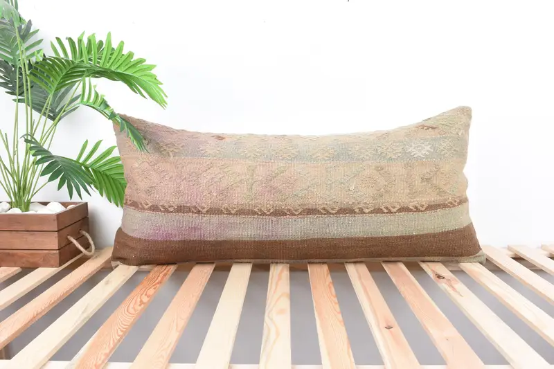 Vintage Kilim Throw Pillow, Handmade Kilim Cushion, Cushion, Interior Designer Pillow, Comfy Throw Pillow Case, 16x36 Brown Cushion Cover - 1