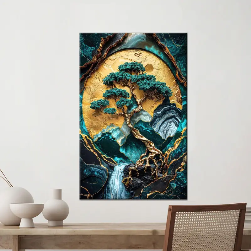モダンな抽象的な高級キャンバス: ゴールドムーン & 盆栽の木