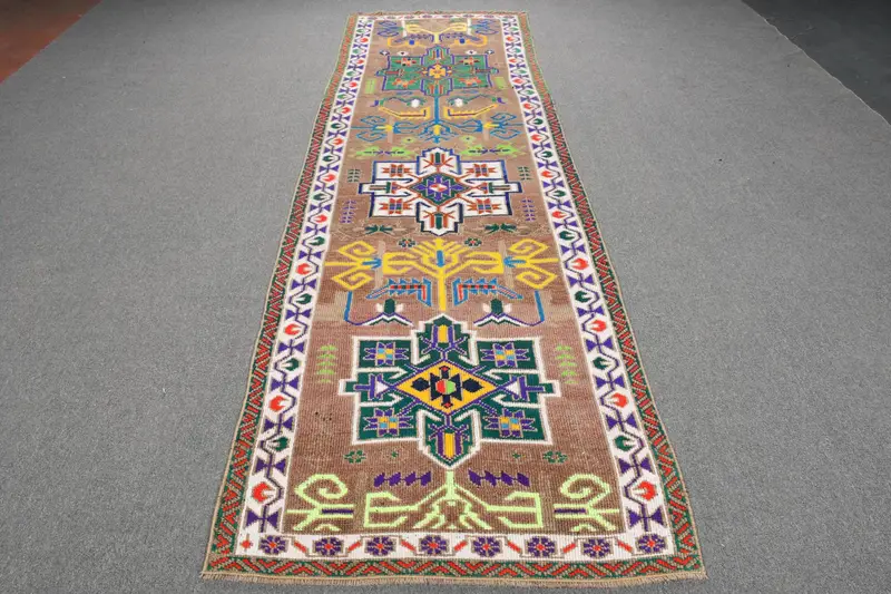3.2x10.6 ft Rug, Turkish Vintage Rug, Brown Green Bordered Wool Rug - 1