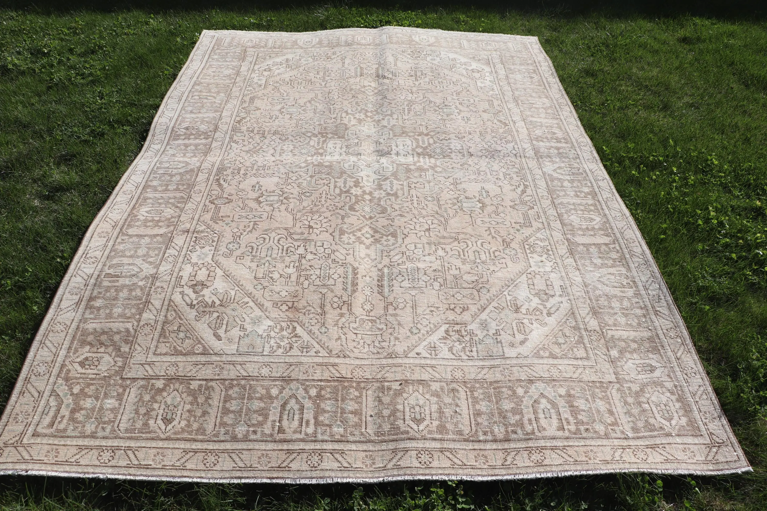 Vintage Türk Büyük Halı 6.1x9.3 ft, Kahverengi Gri Kareli Halı - 1