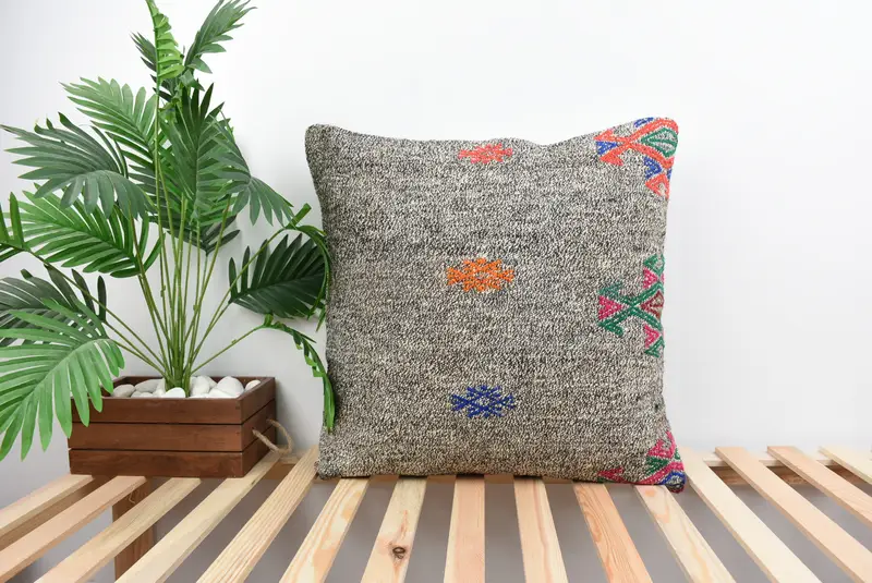 Handmade Kilim Cushion, Pillow for Couch, Ethnical Kilim Rug Pillow, 24x24 Orange Pillow Case, Cushion Cover, Armchair Cushion Cover - 1