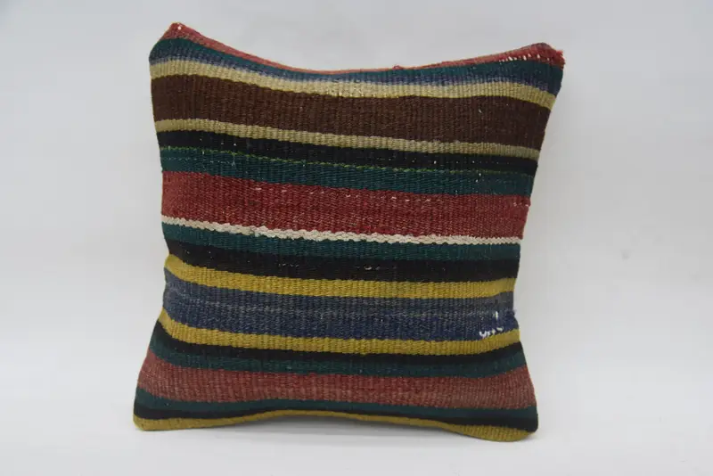 Vintage Antique Wool Pillow Case, 5x5 inch FloorYellow Striped Euro Sham - 1