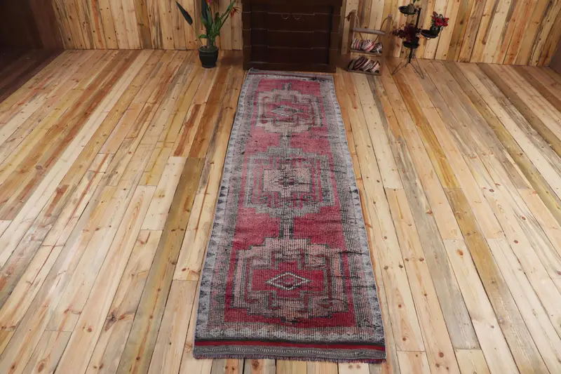Vintage Runner Halı 3x10.5 ft, Kırmızı Güneybatı Türk Yün Halısı - 1