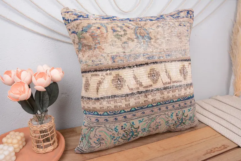 Embroidered Beige & Bronze Patchwork Pillow, 24x24 Vintage Throw Pillow