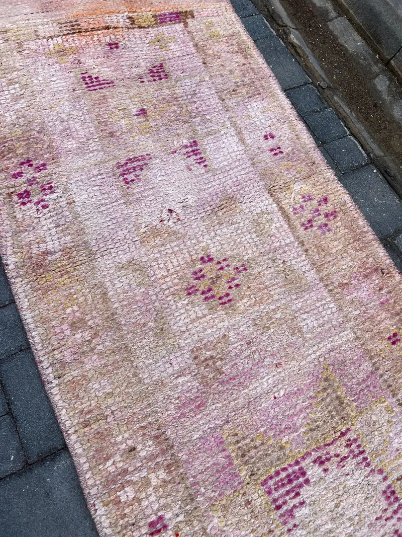Turkish Vintage Runner Rug 2.6x8.7 ft, Pink Brown Patchwork Wool Rug - 1