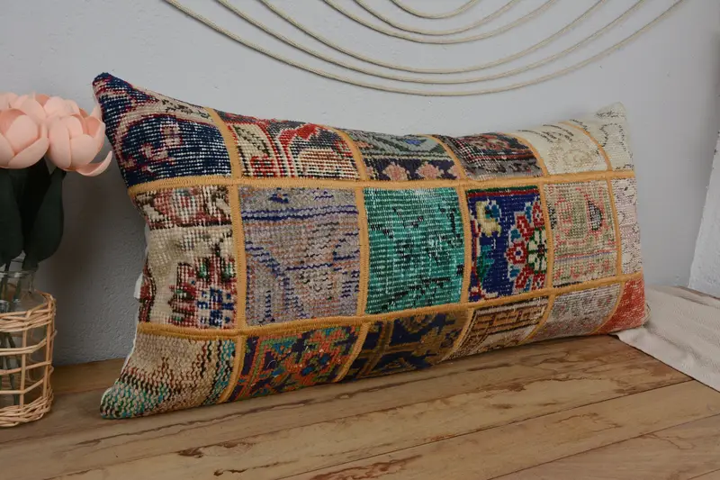 Blaues und braunes Patchwork-Wurfkissen, 16x36 besticktes Kissen