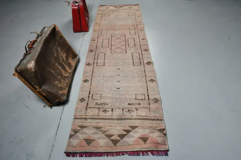 2.5x9.5 ft Turkish Rug, Vintage Runner Rug, Brown Pink Oriental Rug - 1