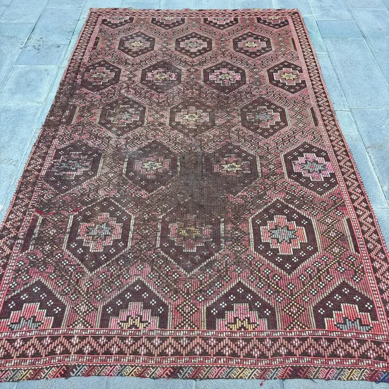 5,5x9,1 ft Halı, Pembe & Kahverengi Çizgili Geometrik Tasarım