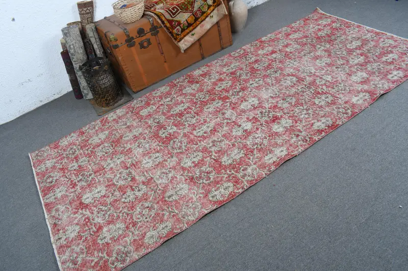 4x9.1 ft Vintage Rug, Area Turkish Rug, Red Plants & trees Rug - 1