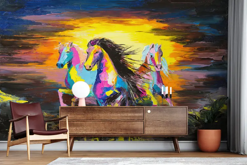 Bright Wall Paper,Horse Wall Print,Paper Wall Art ,Running Horse Painting,Custom Wall Paper,Oil Painting Print, - 2