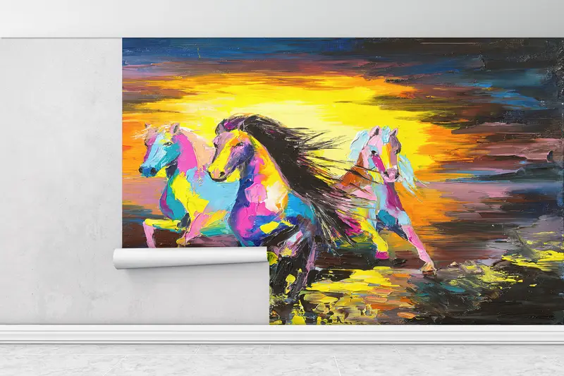 Bright Wall Paper,Horse Wall Print,Paper Wall Art ,Running Horse Painting,Custom Wall Paper,Oil Painting Print, - 1
