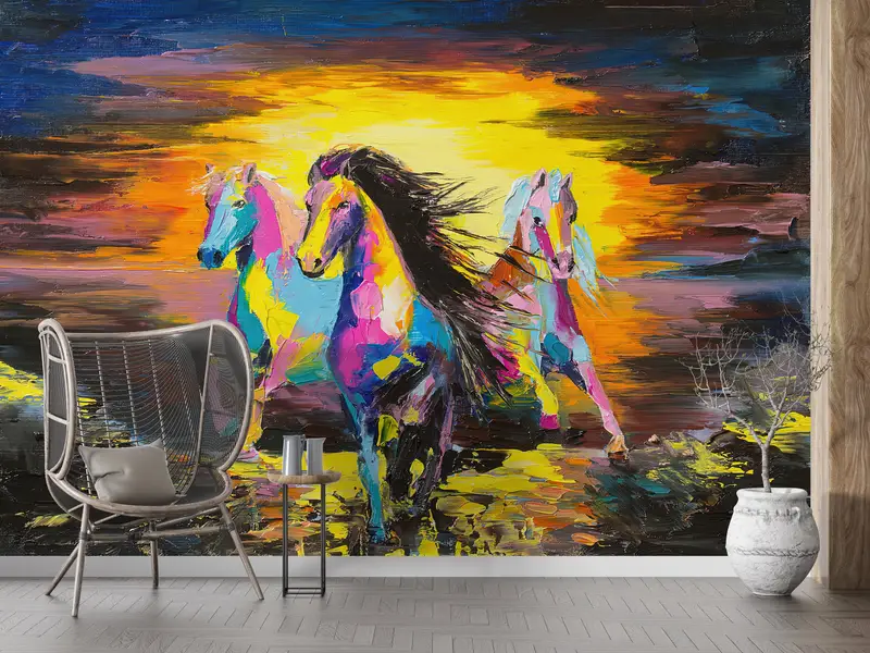 Bright Wall Paper,Horse Wall Print,Paper Wall Art ,Running Horse Painting,Custom Wall Paper,Oil Painting Print, - 3