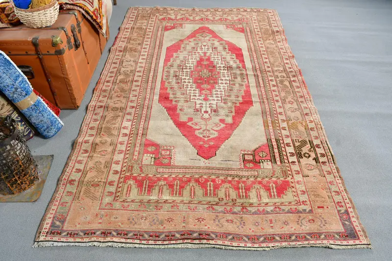 Vintage Oushak Teppich 4,8x8,3 ft (147x252 cm), roter türkischer Ikat-Teppich - 1