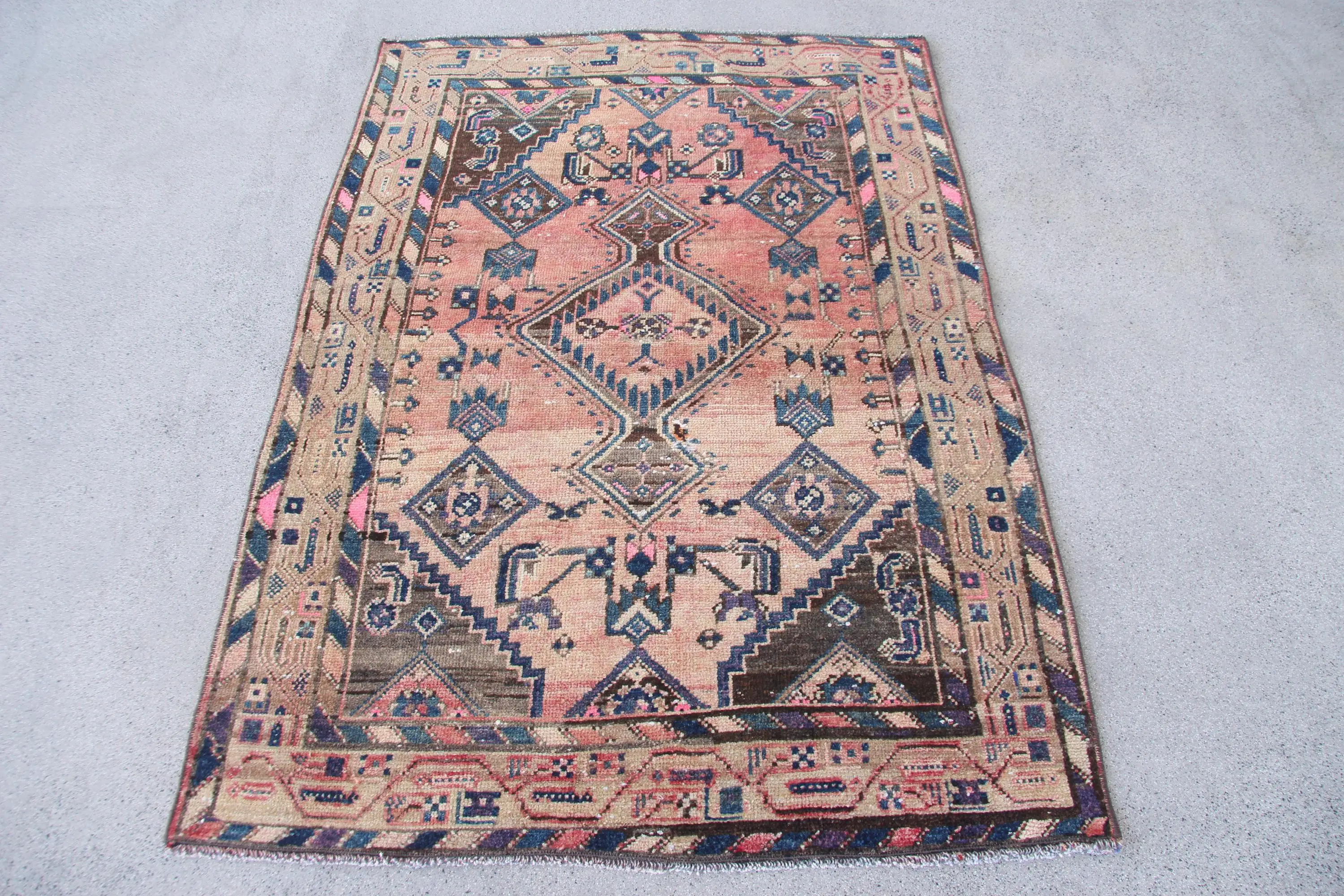 Vintage Turkish Accent Rug 3.4x4.9 ft, Blue Wool Rug - 1