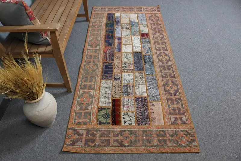 鮮やかな 3.1x7 フィートのラグ、抽象的なオレンジとブルーのデザイン