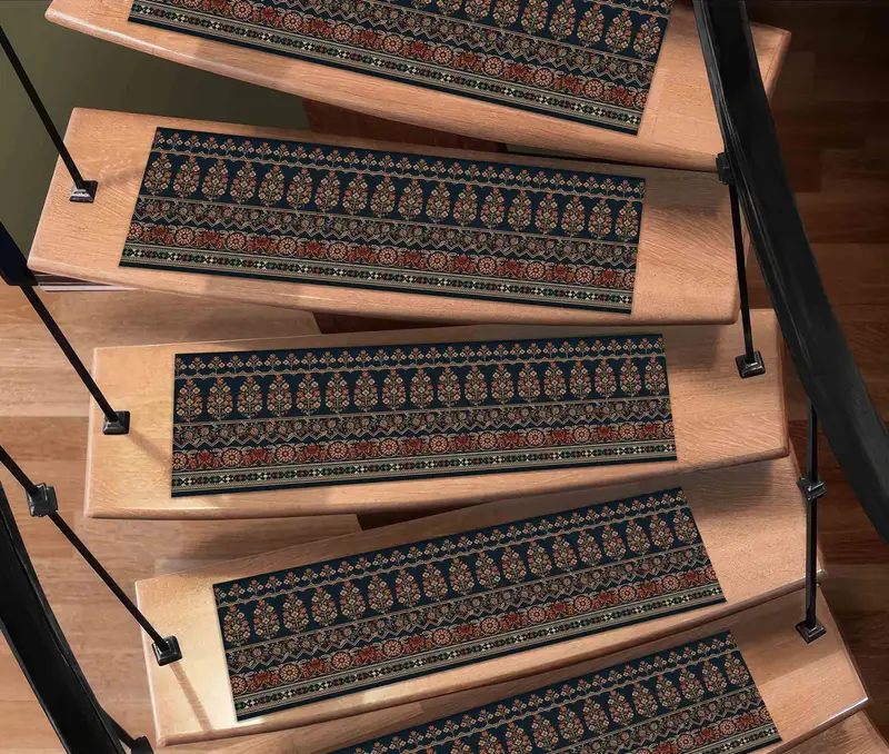 Navy Blue Kilim Design Printed Rug with Bohemian Floral Accents