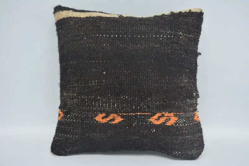 Handmade Rug Seat Cushion Cover, Turkish Pillow, Antique Pillows, Wool Kilim Pillow Pillow, Pillow Sham, Vintage Pillow, 12x12 Black Cushion - 1