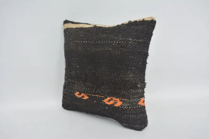 Handmade Rug Seat Cushion Cover, Turkish Pillow, Antique Pillows, Wool Kilim Pillow Pillow, Pillow Sham, Vintage Pillow, 12x12 Black Cushion - 4