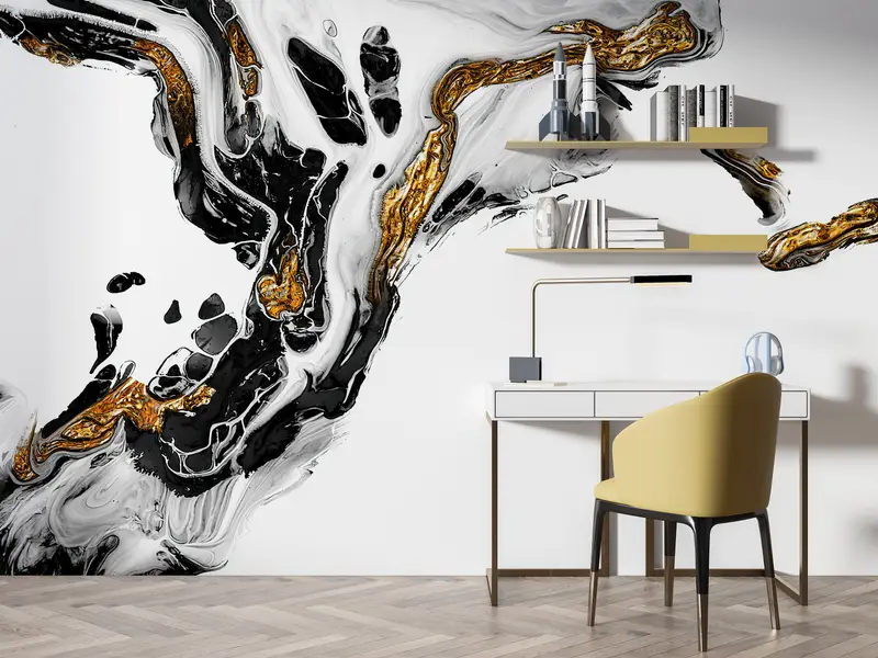 Black And Gold Marble, Alcohol Ink Wall Painting, Gold Marble Wall Mural, Abstract Marble Wall Mural, Shimmery Mural, - 4