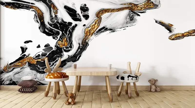 Black And Gold Marble, Alcohol Ink Wall Painting, Gold Marble Wall Mural, Abstract Marble Wall Mural, Shimmery Mural, - 6