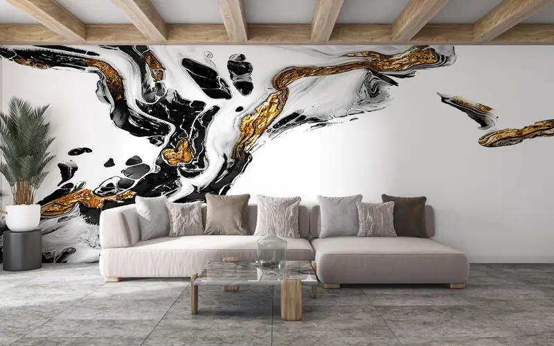 Black And Gold Marble, Alcohol Ink Wall Painting, Gold Marble Wall Mural, Abstract Marble Wall Mural, Shimmery Mural, - 5