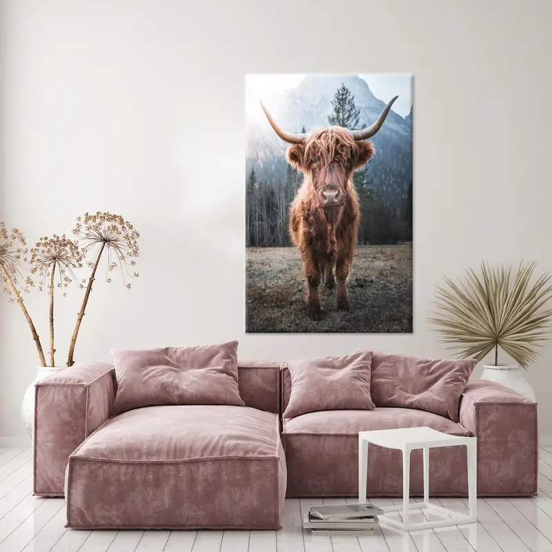 Trendiger brauner Kuh-Bauernhaus-Leinwanddruck für die Loft-Dekoration