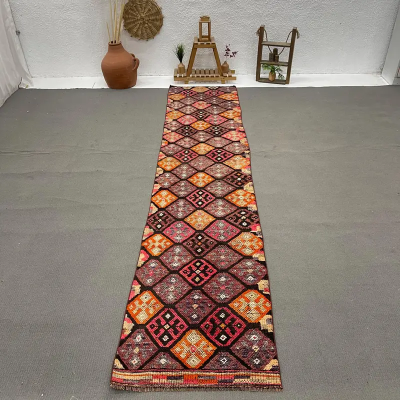 Vintage Rug, 2.6x12.5 ft Runner Rug, Red Orange Herki Wool Rug - 1