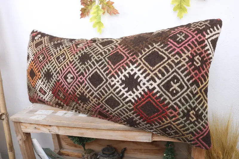 Kilim Cushion Sham, Yoga Pillow Sham, Living Room Throw Cushion Cover, Antique Pillows, Pillow Sham, 16x36 Red Pillow, Vintage Kilim Pillow - 4