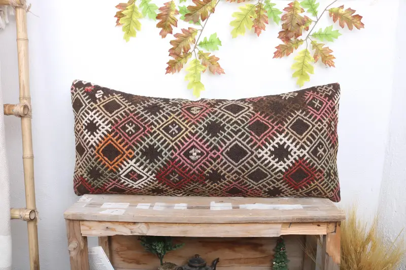 Kilim Cushion Sham, Yoga Pillow Sham, Living Room Throw Cushion Cover, Antique Pillows, Pillow Sham, 16x36 Red Pillow, Vintage Kilim Pillow - 1