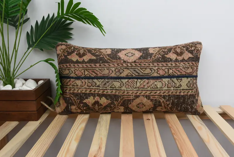 Antique Pillows, Accent Cushion, Boho Throw Pillow, 12x24 Brown Cushion, Retro Throw Pillow Cover, Pillow, Kilim Pillow, Throw Kilim Pillow - 1